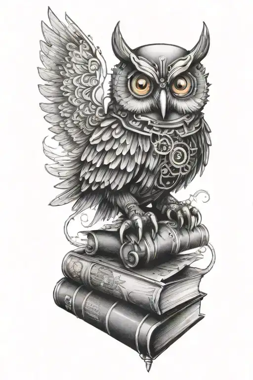 Steampunk Mechanical Owl Perched On Books