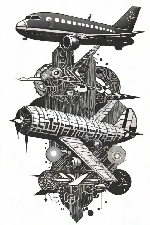 Modern Geometric Line Tattoo With Aeroplane And Dotted Design