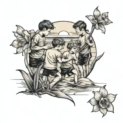 Three Boys Playing By A Beach With A Daffodil In The Foreground