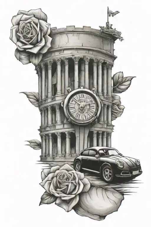 The Colloseum On Upper Foresrm With A Porsche And A Rose On The Wrist