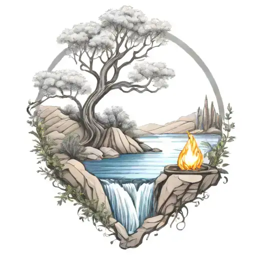 A River With A Campfire An Olive Tree On Either Side Of It Waterfalls Down The Front