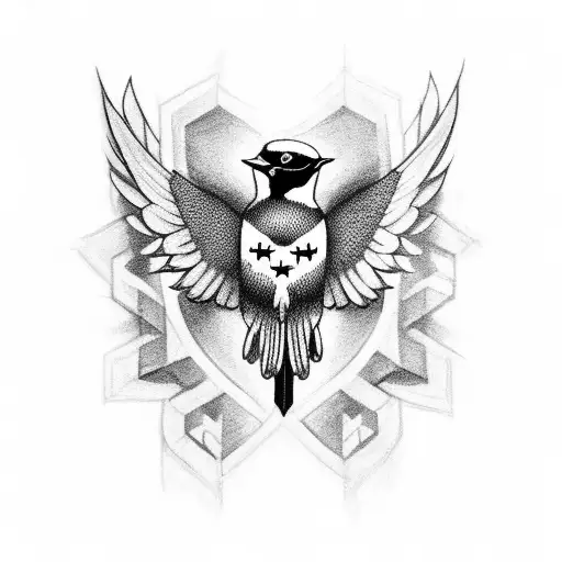 Design A Black-grey Tattoo Featuring A Military Symbol Intertwined With A Flock Of Swallows