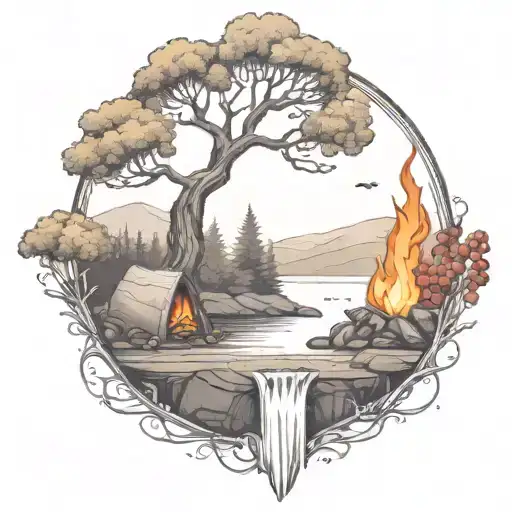A Rowan Berry Tree And A Campfire Beside A River Waterfalling Down The Front