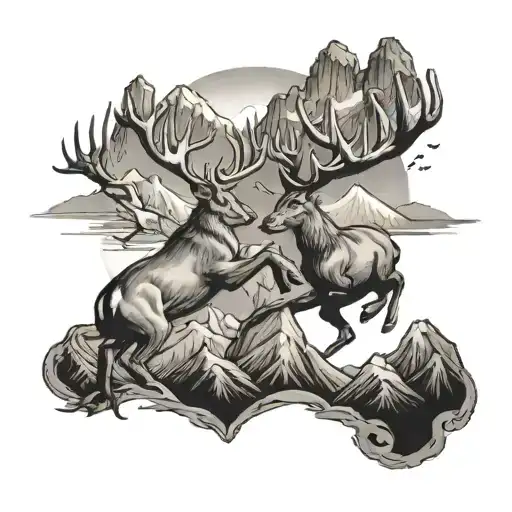 Two Deer Fighting With Mountians In The Background