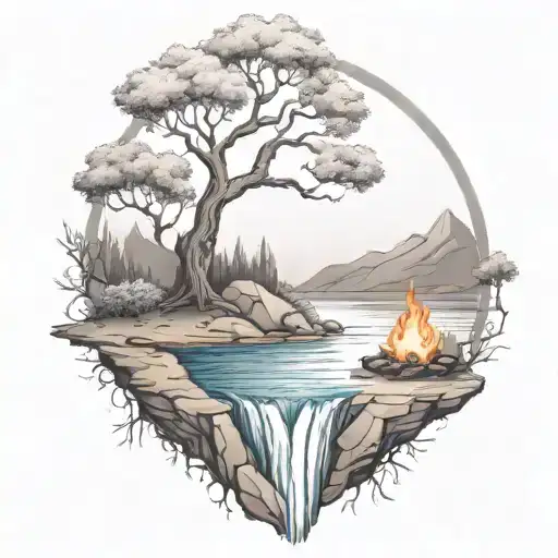 A River With A Campfire And An Olive Tree Beside It Waterfalls Down The Front