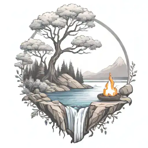 A River With A Campfire And Rowan Tree On Either Side Of It Waterfalls Down The Front