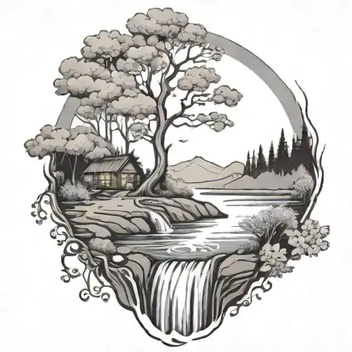 A River With A Campfire And A Berry Tree Beside It Waterfalls Down The Front