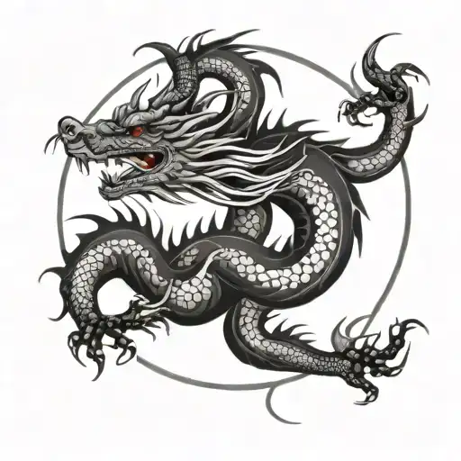 Japanese Dragon Wrapped Around Sun