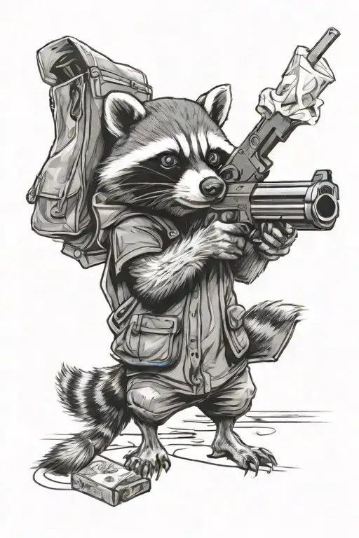 Realistic Raccon Holding Gun In One Hand With Trash Bag In Other