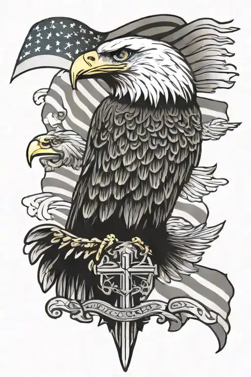 Religious Cross And Bald Eagle And Flag Waving