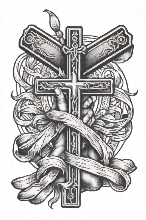 Praying Hands Holding Ribbon With Three Crosses Jesus Cross