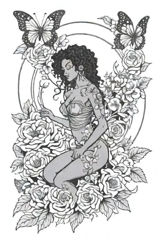 Strength Tarot Card With Black Woman With Flowers And Butterflies Surrounding It