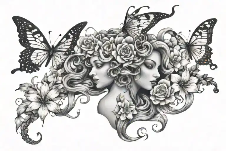 Medusa Back Tattoo With Butterflies And Flowers