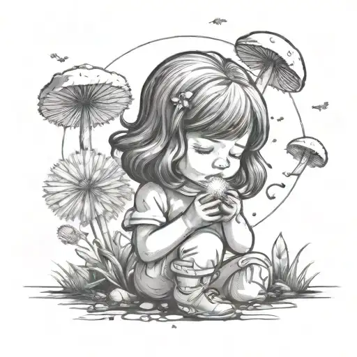 The Little Girl Blowing On A Dandelion Making A Wish Surrounded By Flowers And Mushrooms