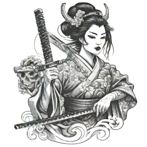Geisha With Oni Mask On Face And Katana In Hands