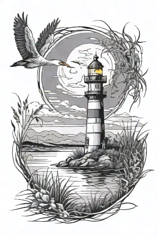 Lighthouse With Heron Surrounded By Grasses