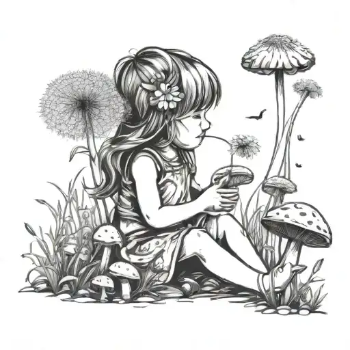 Little Girl Blowing On A Dandelion Making A Wish Sitting Surrounded By Mushrooms And Flowers