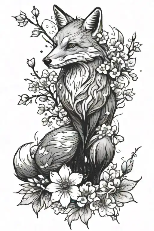 Entire Fox Surrounded Flowers Blooming Cherry Blossom