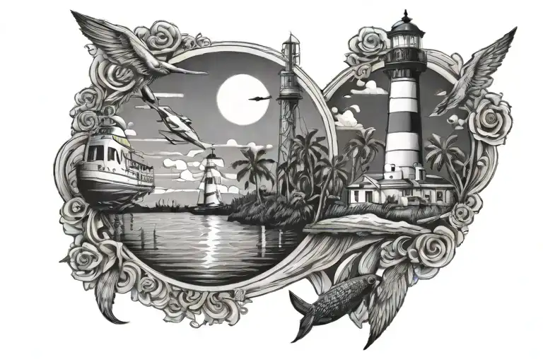 Florida Theme Canal With Lighthouse In Background And Shuttle Launch In Air