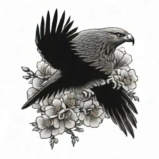 American Traditional Hawk With Japanese Cherry Blossom Full Sleeve