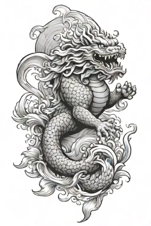 Foo Dog And Koi Fish Swimming Upstream