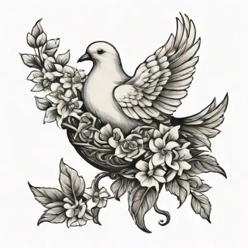 A White Dove Laying In A Bochet Of Flowers