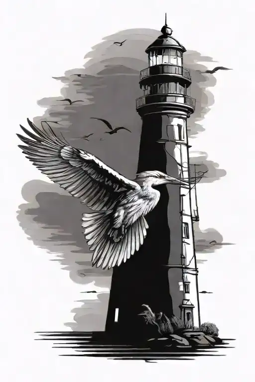 Lighthouse With Heron Standing In Front