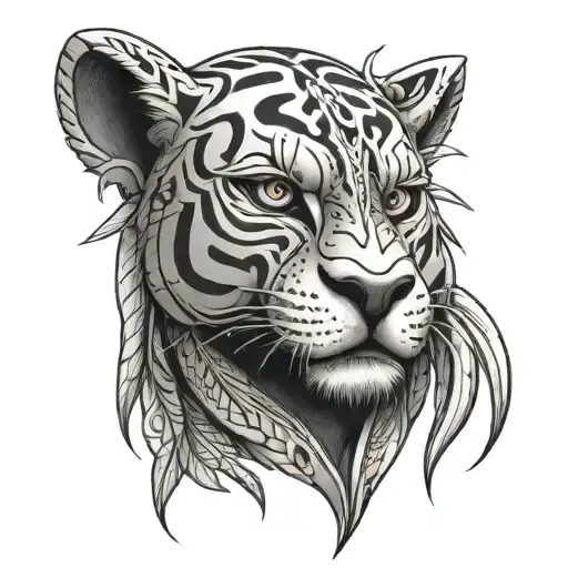 Tribal Jaguar And Indigenous Mask Warrior Scketch