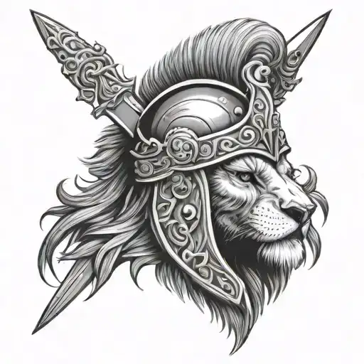 Half Roman Helmet Half Lion Face With Sword In Middle Tattoo Desing