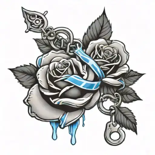 Handcuffs With Cordon Tape Around And A Blue Rose With The Thin Blue Line Logo From The Police