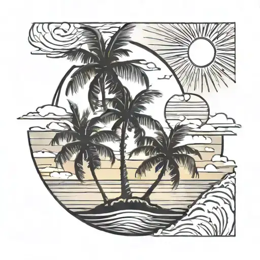 Coconut Trees In Beach With Sun Setting