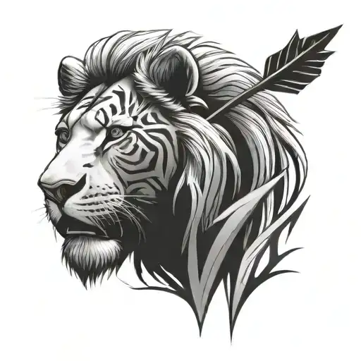 Create A Tribal Tattoo Of A Half Lion Half Cub Face With An Arrow Separating Them