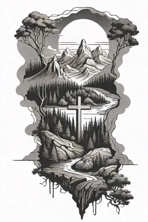 A Cross On A Mountain Shining Brightly Ontop Of A Forest With A River In The Middle