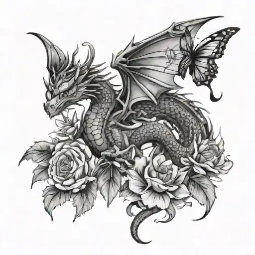 Women All Black Dragon Tattoo With All Black Butterfly And Flowers
