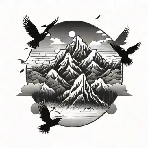 Outline Mountain With Birds Very Minimal