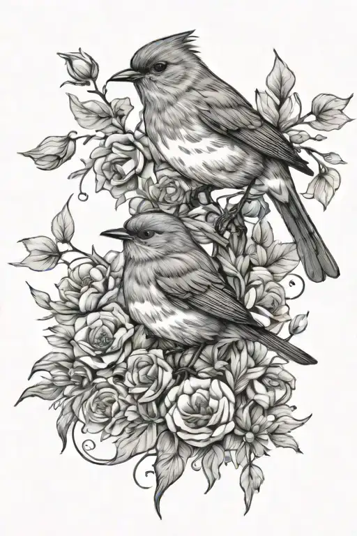 Flowers And Robin Birds Sitting