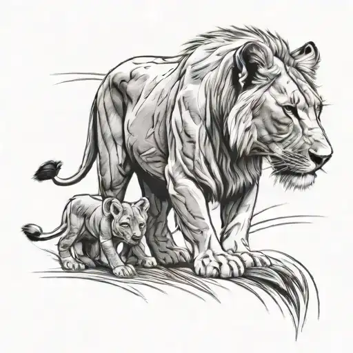 Lioness And Cub Walking In Line