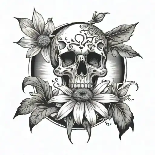 Skull Skeleton Daisy Field Cloudy Sky