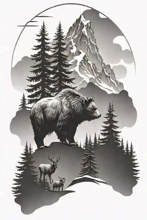 Mountain And Trees Background With Bear And Elk
