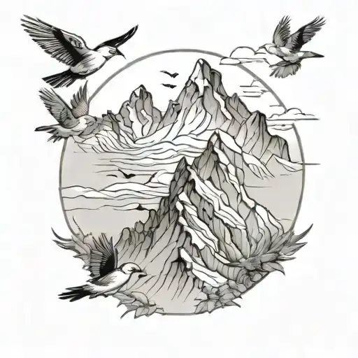 Outline Mountain With Birds