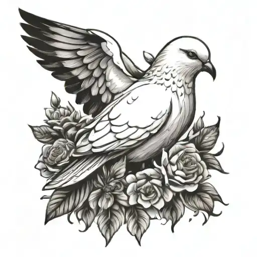 A White Dove Laying In A Bochet Of Flowers Intertwined