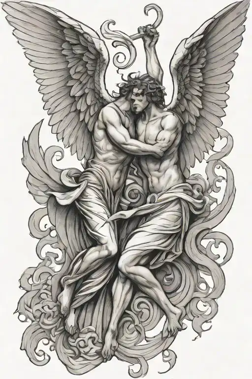 Angel And Devil With Wing Spread Fighting