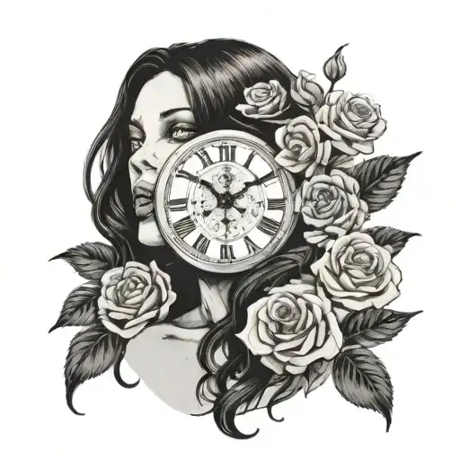 Dawn Of The Dead Woman Face With Long Black Hair Hidden And Surrounded By Roses And An Ancient Clock