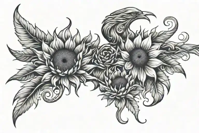 Sunflowers And Phoenix Rising From Flames