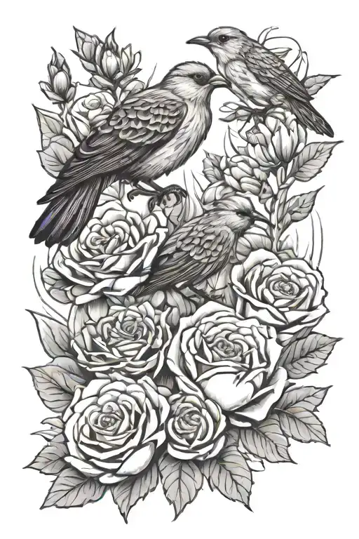 Cactus And Roses And Red Birds Sitting