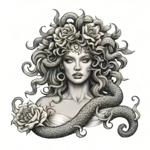 Medusa Snake Hair Surrounded With Flowers