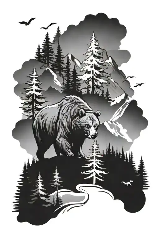 Mountain And Trees Background With Bear And Elk
