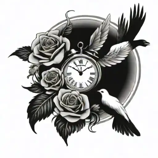 Roses Clock Doves Flying