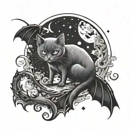 Moon With Bats Black Cat Fantasy Scene