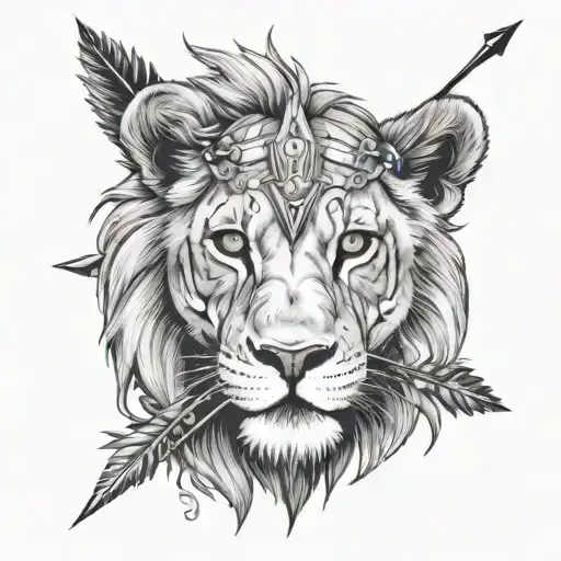 Half Lion Half Cub Face With Arrow Separating The Faces